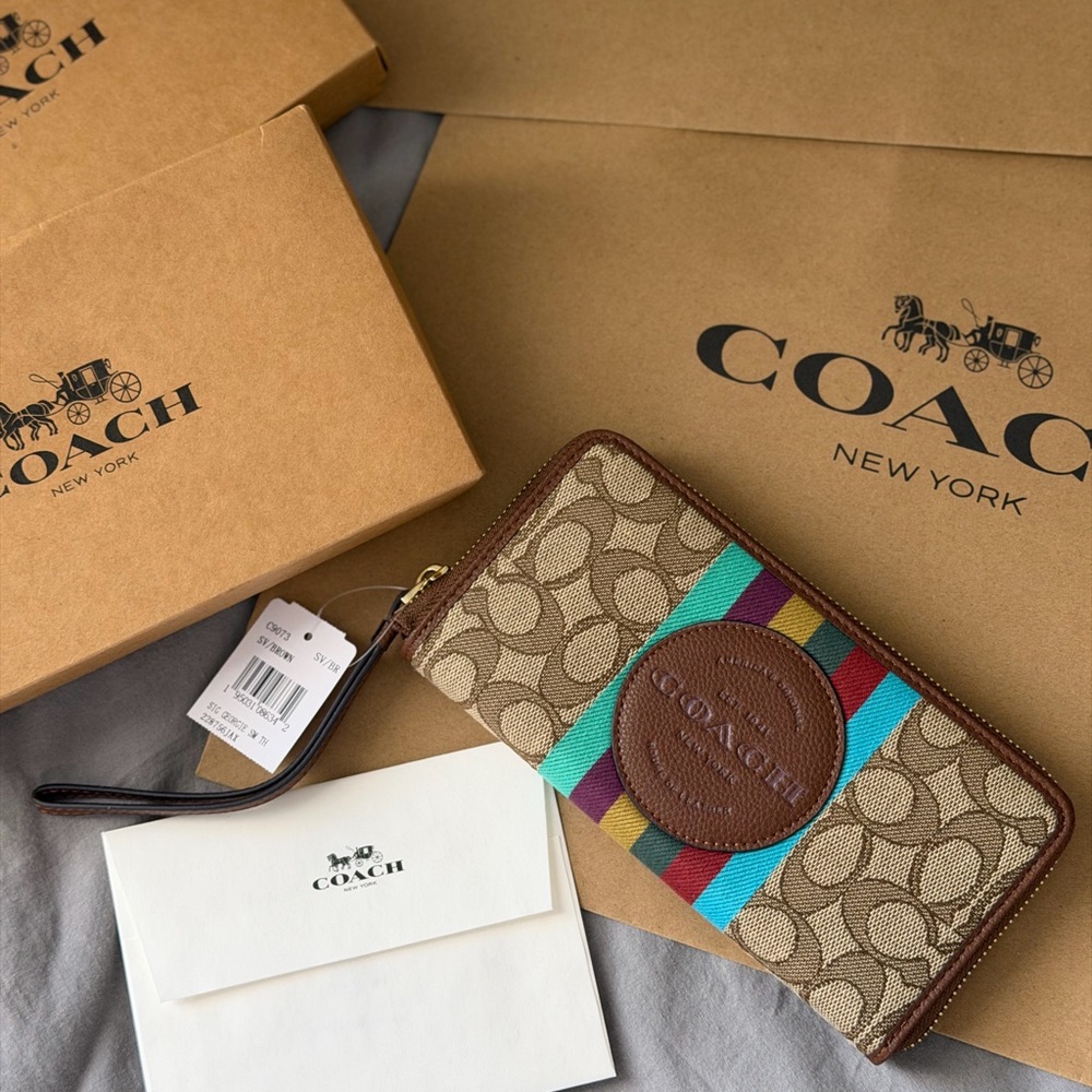 Coach Tan Signature Wristlet Wallet with Turquoise and Red Stripes